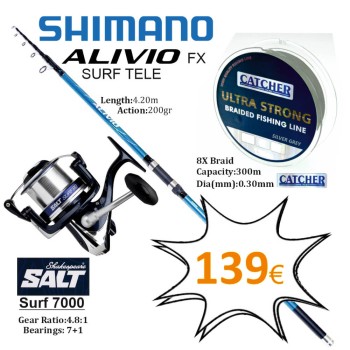 SHIMANO ALIVIO FX SURF TELE 4.20m 200gr - SHAKESPEARE SALT SURF 7000 - CATCHER 300m 0.30mm