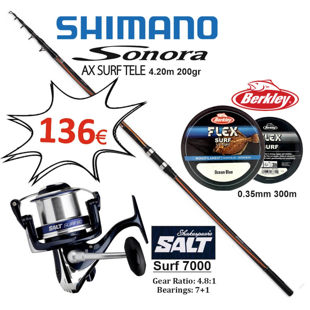 SHIMANO SONORA AX SURF TELE 4.20m 200gr - SHAKESPEARE SALT SURF 7000 - BERKLEY 300m 0.35mm